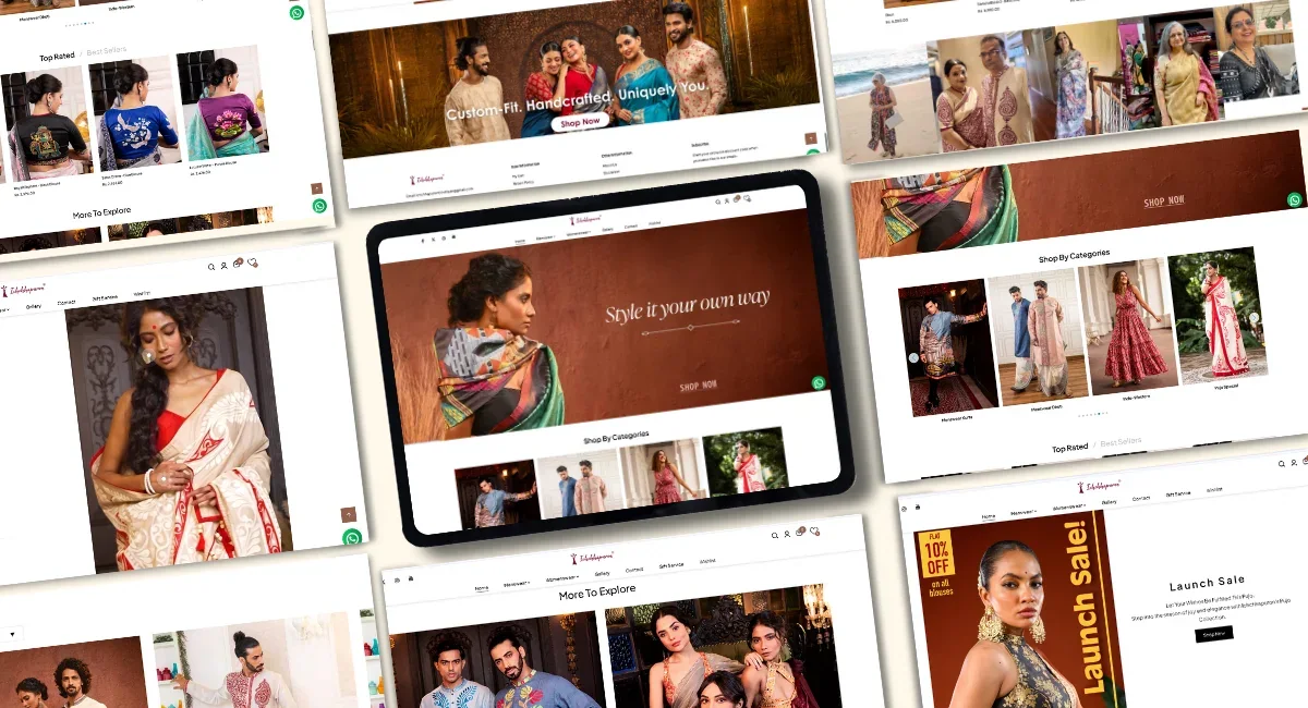 Ichchhapuron store pages on tablet and desktop, arranged as a collage