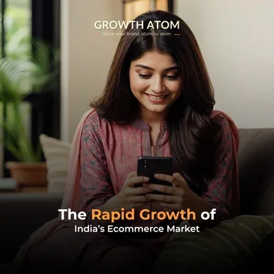 Blog cover graphic titled ‘India’s Ecommerce Boom: 2025–2030 Trends’, illustrating the rapid growth of India’s ecommerce market with digital shopping icons and Growth Atom branding.