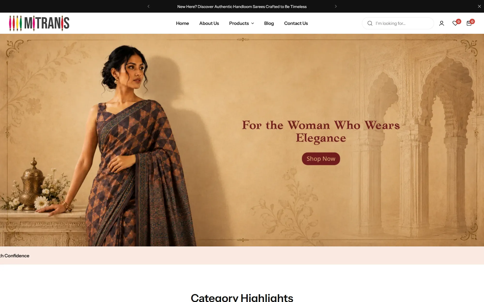 Mitranis store homepage with a handloom saree campaign image