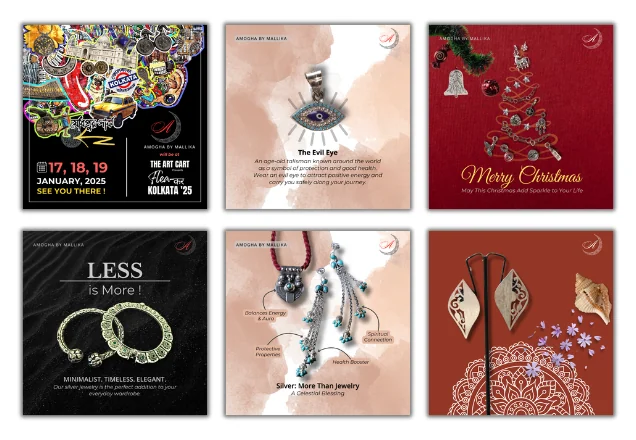 Grid of Amogha by Mallika social media posts featuring silver jewellery